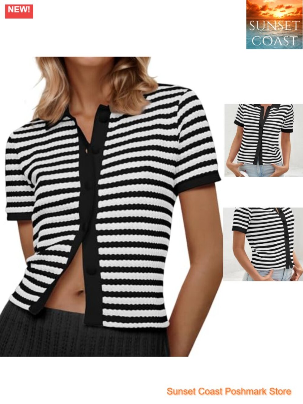 Striped Short Sleeve Cropped Cardigan Polo Collared Button Down Sweater